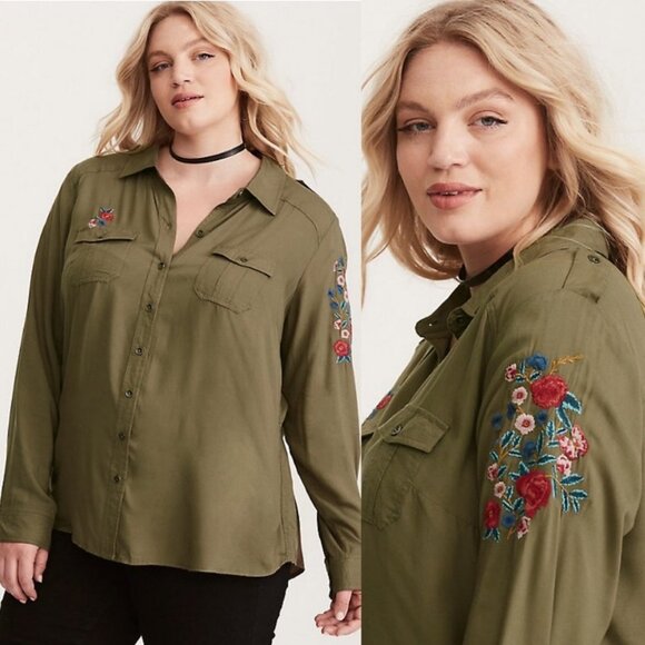 Torrid Army Green Twill Shirt Floral Embroidery Size 1X Bohemian Shirt Boho Top - Picture 2 of 12
